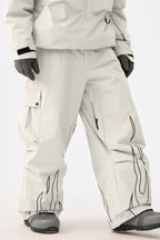 Men's Off White Reflective Flame Snow Pants Baggy Utility Ski Pants - Gsou Snow