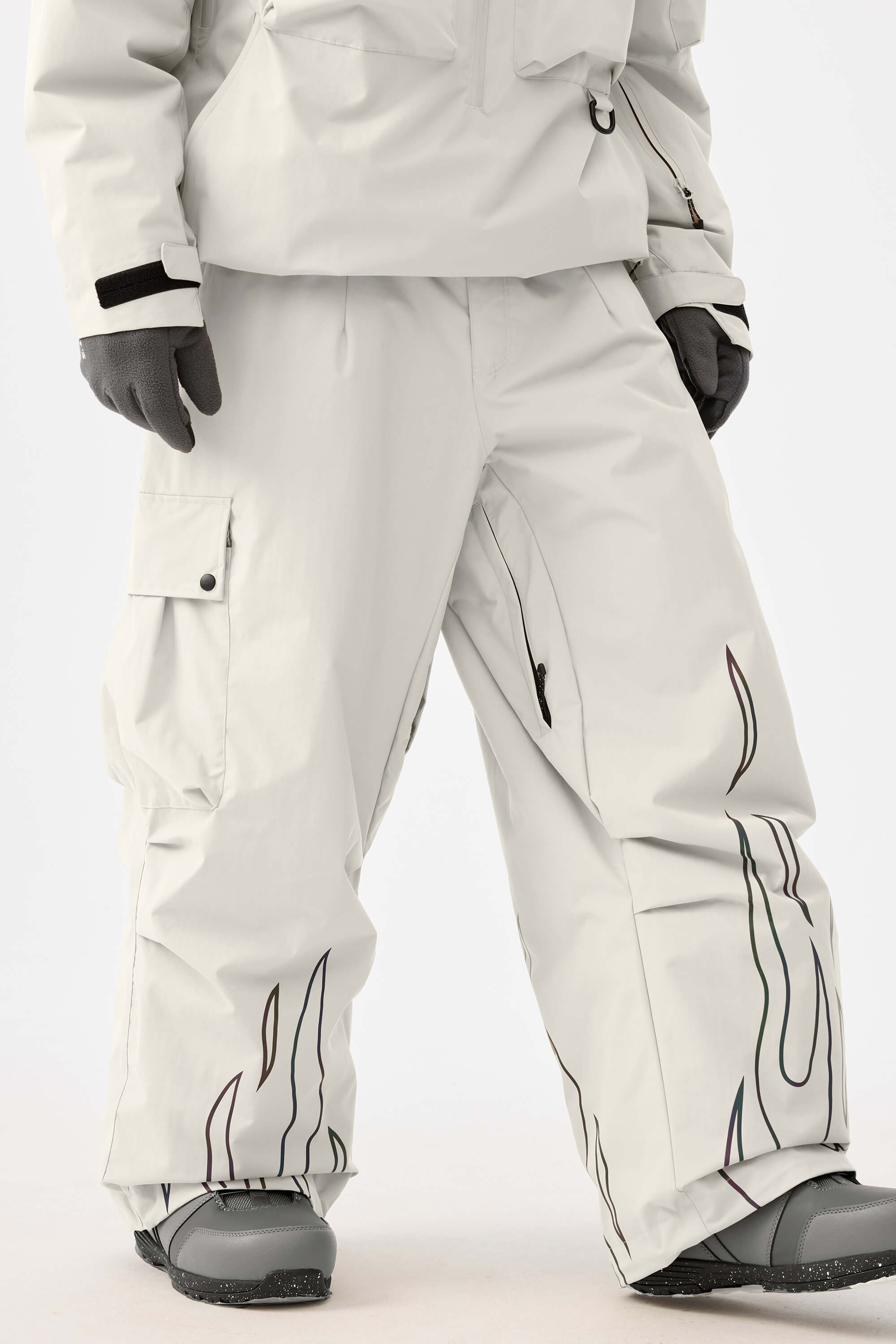 Men's Off White Reflective Flame Snow Pants Baggy Utility Ski Pants - Gsou Snow