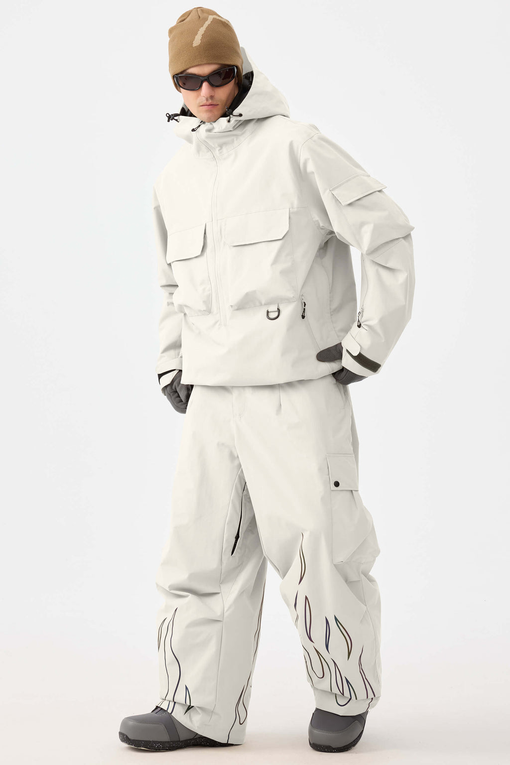 Men's Khaki Reflective Flame Ski Pants Baggy Utility Snow Pants
