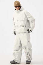 Men's Black Reflective Flame Ski Pants Baggy Utility Snow Pants