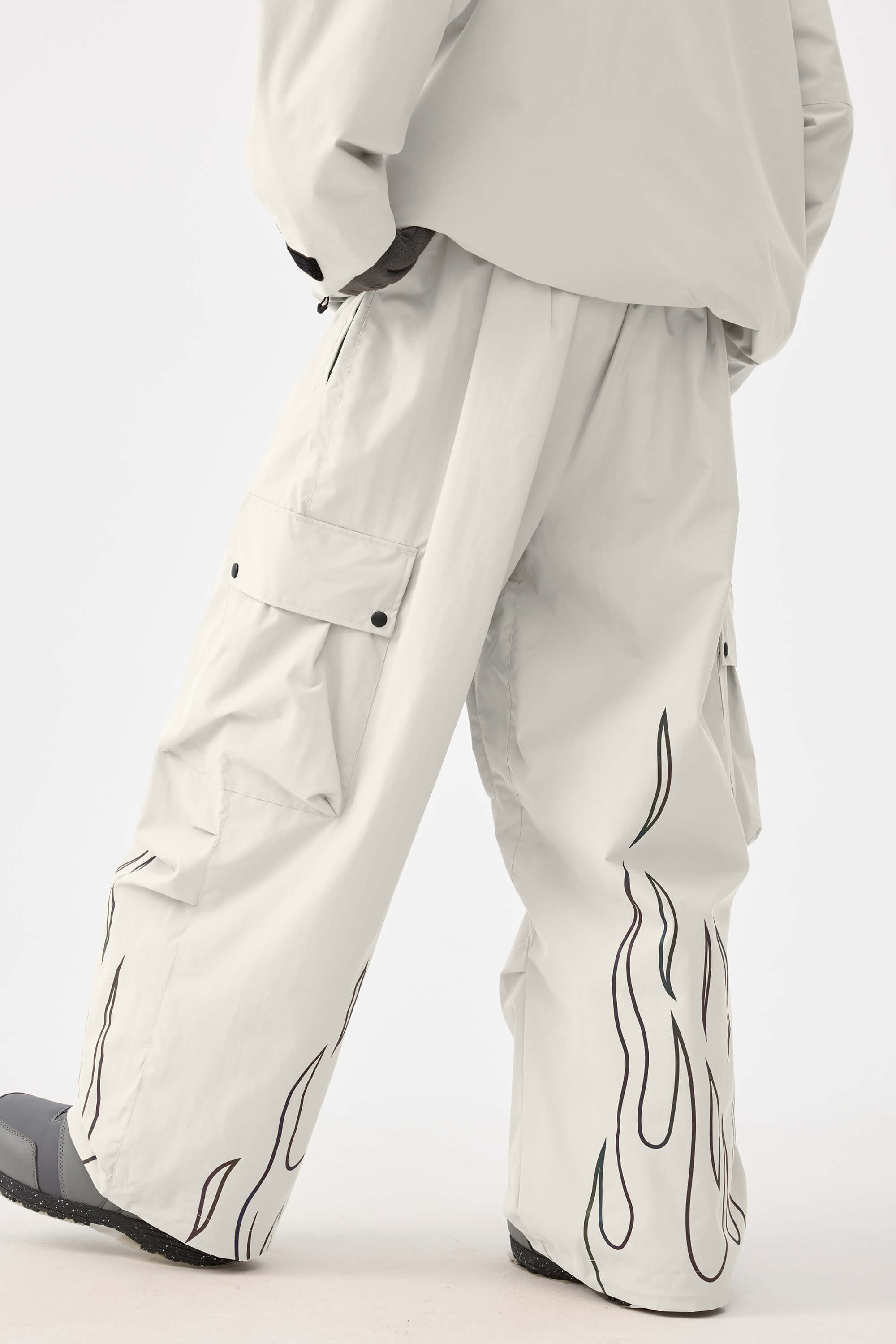 Men's Off White Reflective Flame Snow Pants Baggy Utility Ski Pants - Gsou Snow