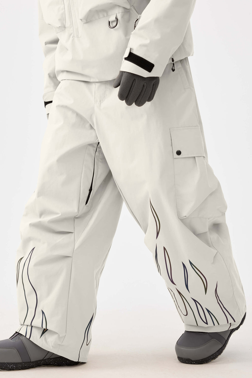 Men's Off White Reflective Flame Snow Pants Baggy Utility Ski Pants - Gsou Snow