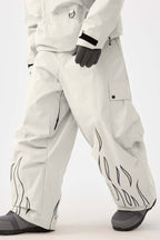 Men's Off White Reflective Flame Snow Pants Baggy Utility Ski Pants - Gsou Snow