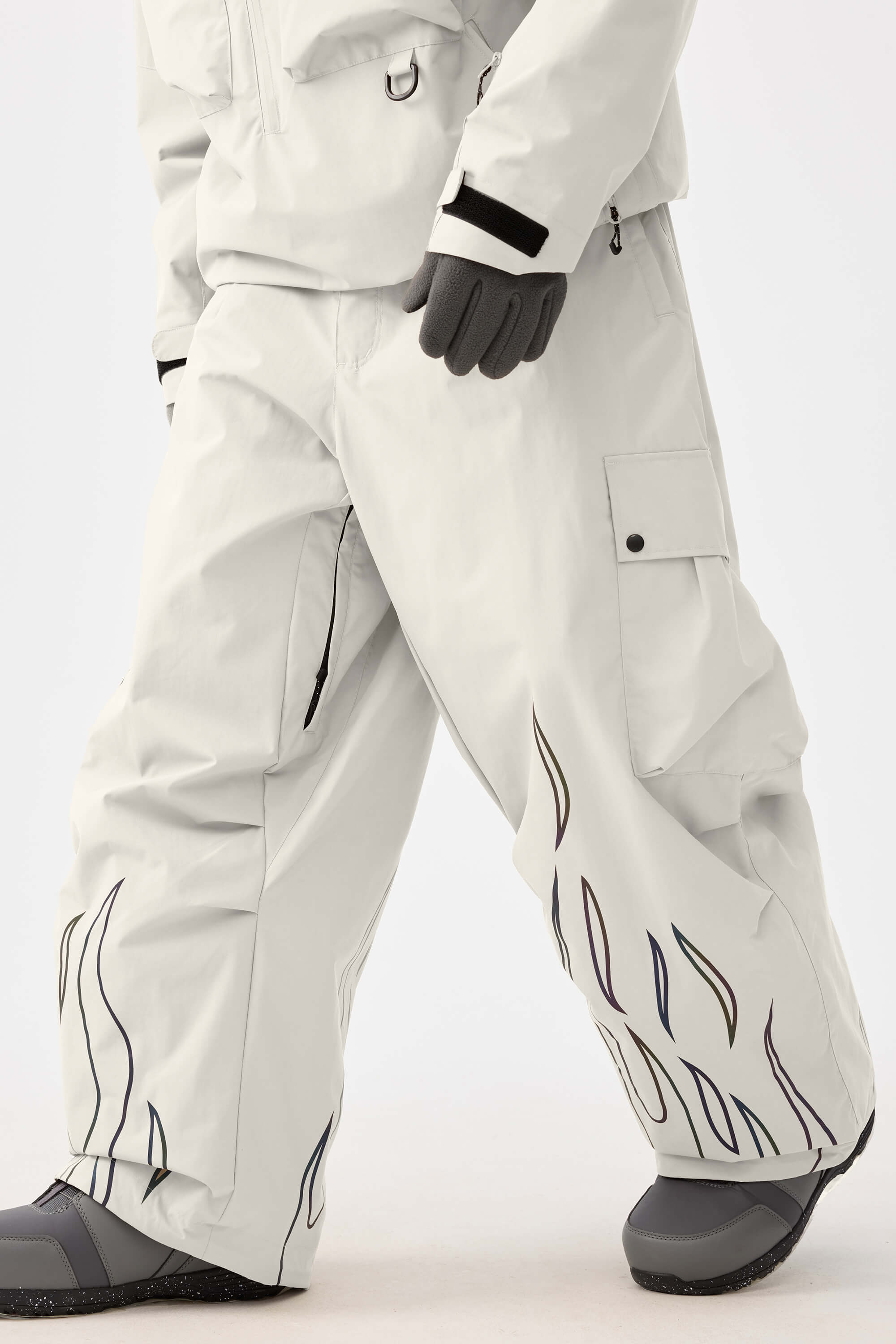 Men's Off White Reflective Flame Snow Pants Baggy Utility Ski Pants - Gsou Snow