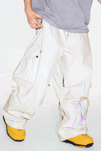 Men's Coffee Reflective Flame Ski Pants Baggy Utility Snow Pants
