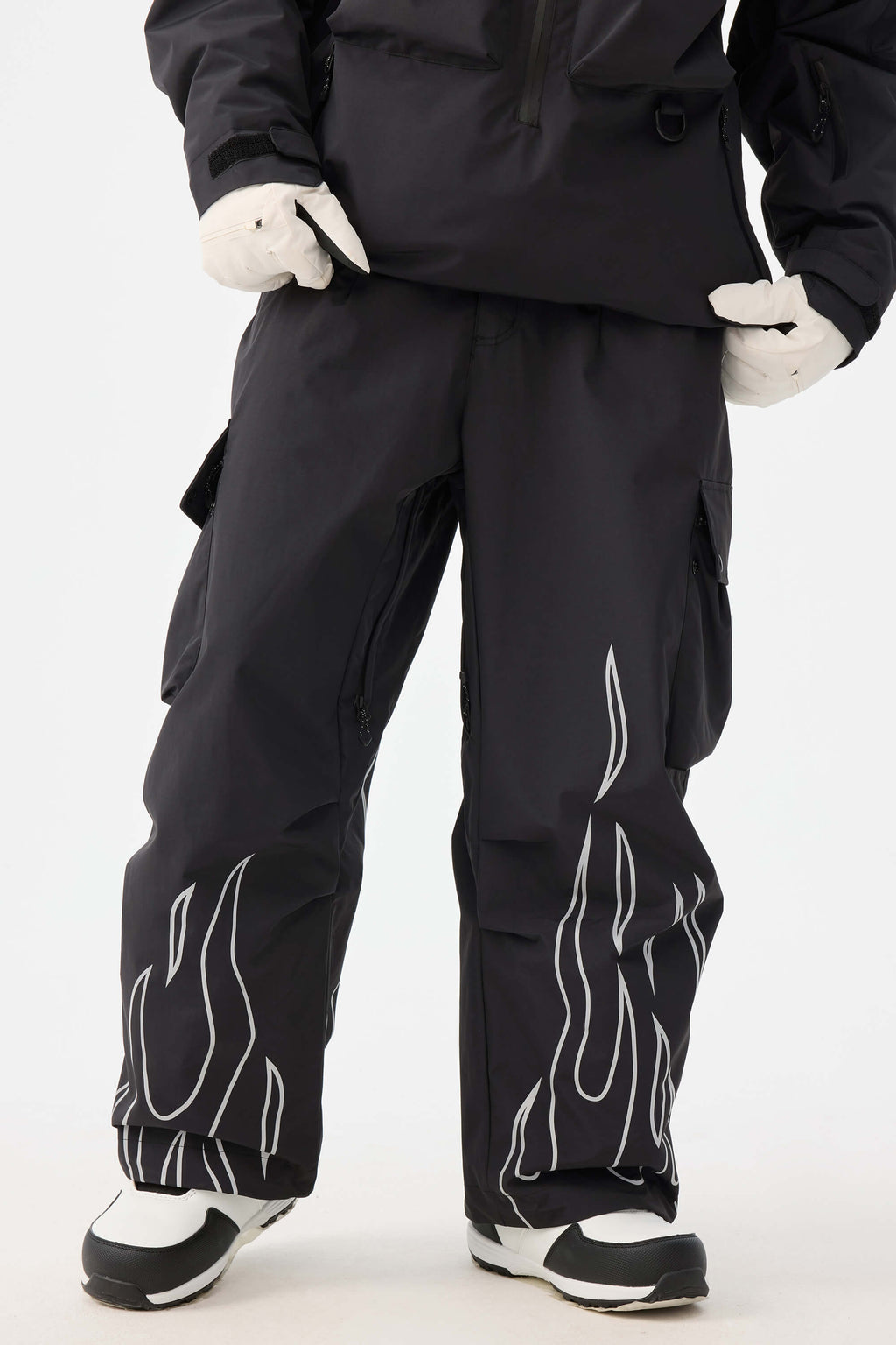 Women's Khaki Reflective Flame Baggy Snow Pants Utility Ski Pants - Gsou Snow