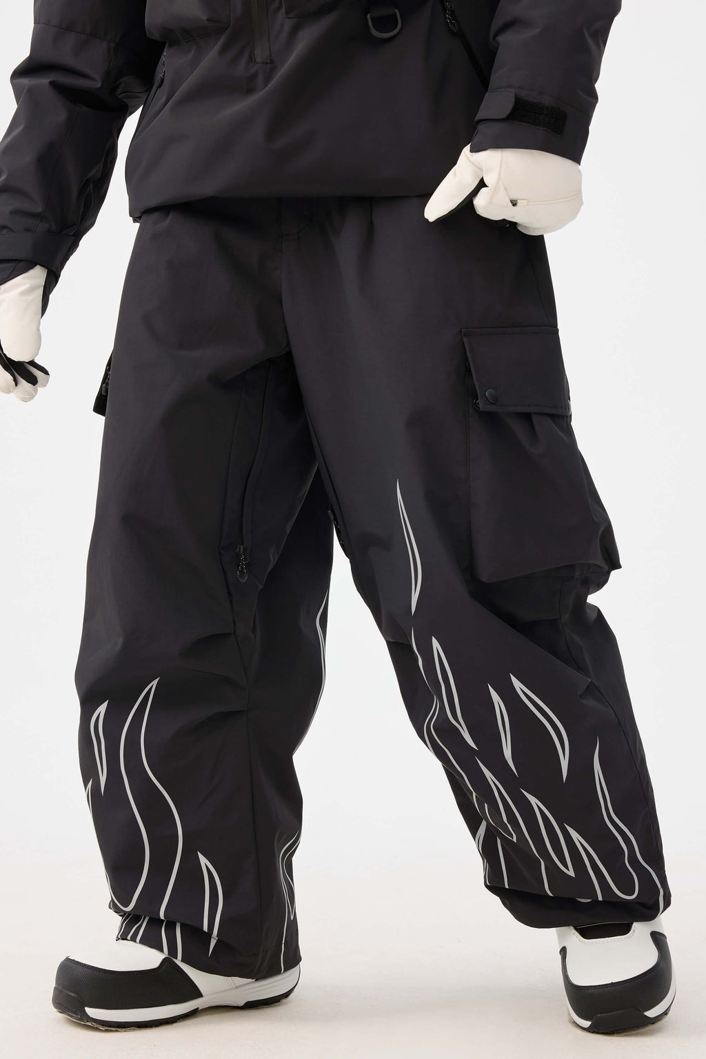 Women's Black Reflective Flame Loose-Fit Functional Snow Pants - Gsou Snow