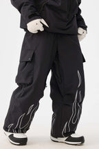 Women's Black Reflective Flame Loose-Fit Functional Snow Pants - Gsou Snow