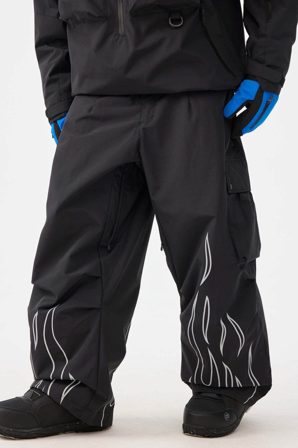Men's Khaki Reflective Flame Ski Pants Baggy Utility Snow Pants