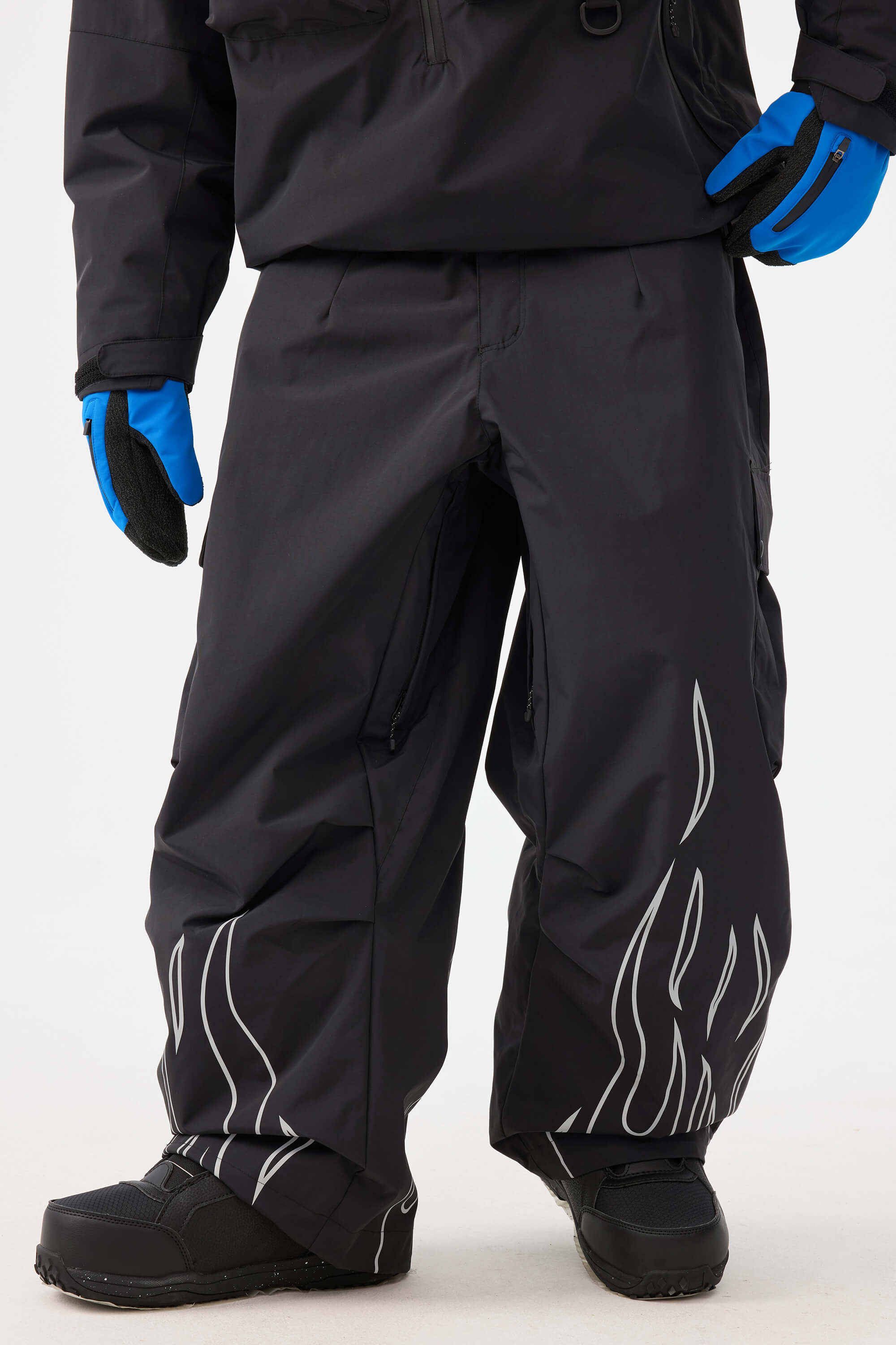 Men's Black Reflective Flame Baggy Snow Pants Utility Ski Pants - Gsou Snow