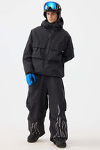 Men's Coffee Reflective Flame Ski Pants Baggy Utility Snow Pants