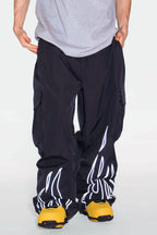 Men's Khaki Reflective Flame Ski Pants Baggy Utility Snow Pants