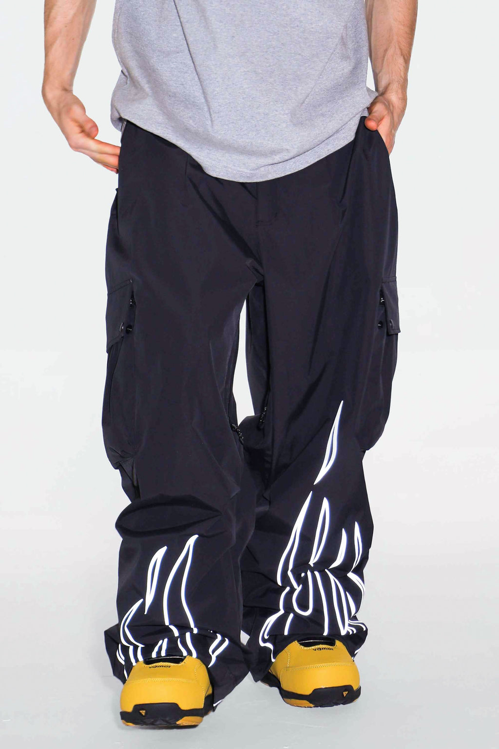 Men's Coffee Reflective Flame Ski Pants Baggy Utility Snow Pants