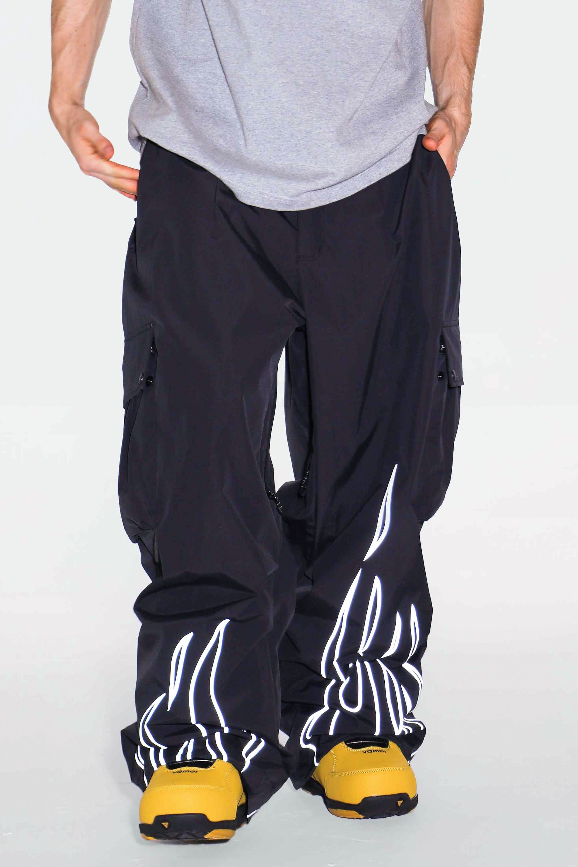 Men's Coffee Reflective Flame Ski Pants Baggy Utility Snow Pants