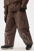 Women's Coffee Reflective Flame Ski Pants Baggy Utility Snow Pants