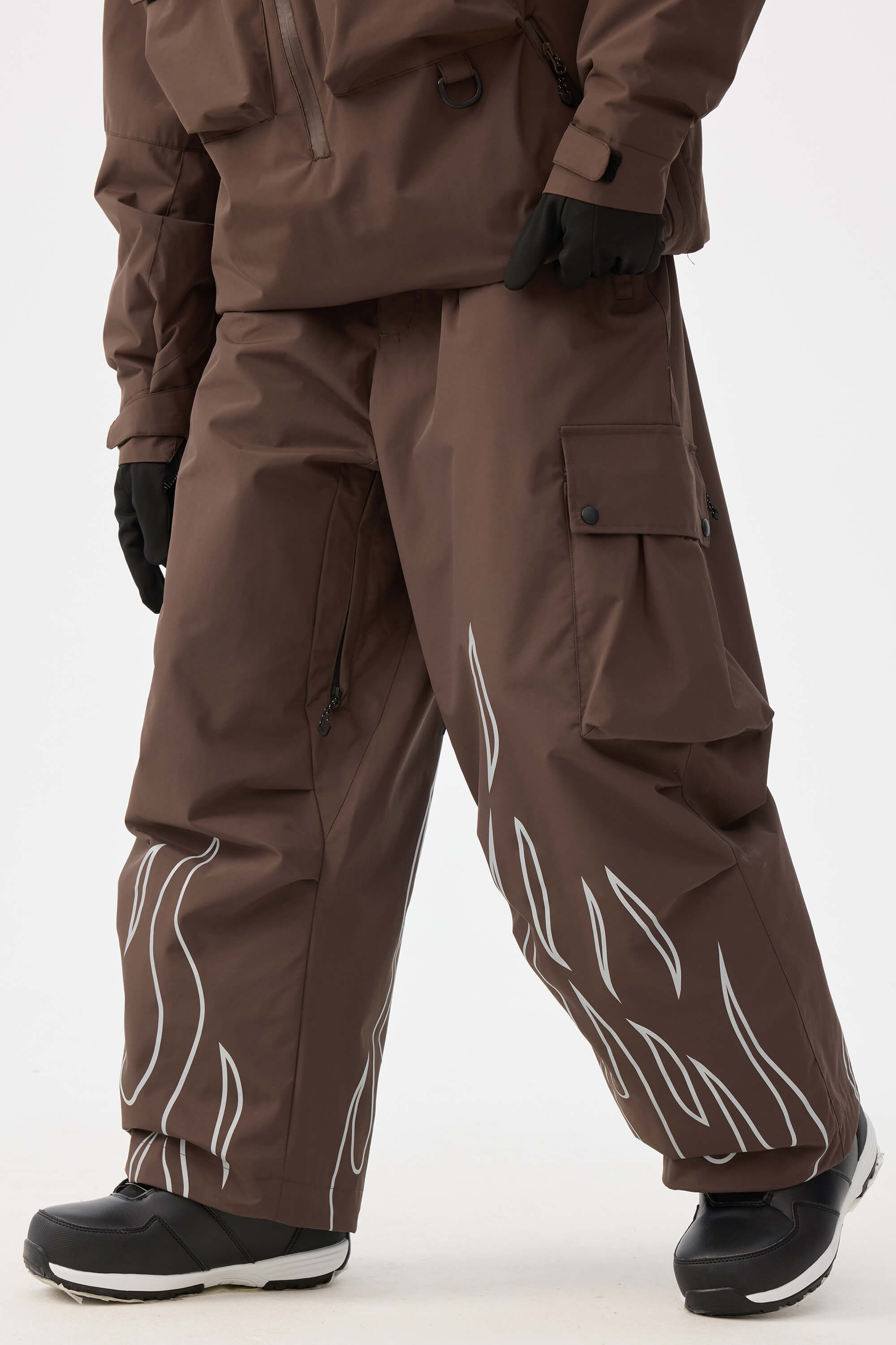 Women's Coffee Reflective Flame Ski Pants Baggy Utility Snow Pants