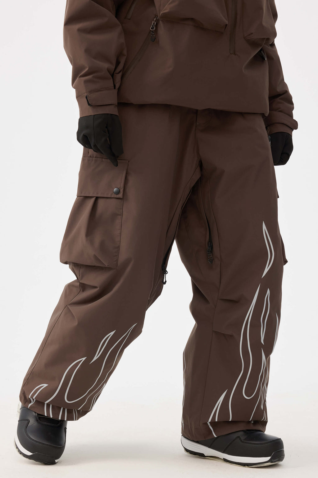Women's Coffee Reflective Flame Baggy Snow Pants Utility Ski Pants - Gsou Snow