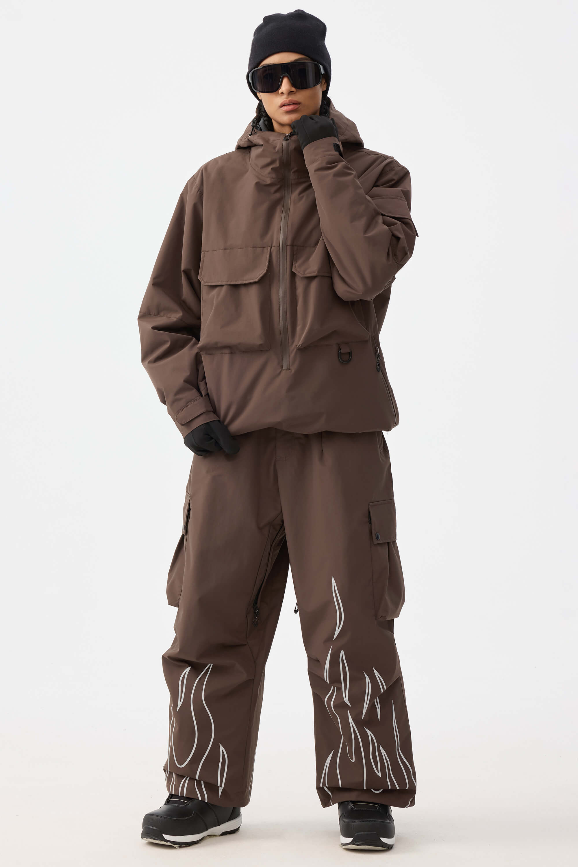 Women's Coffee Reflective Flame Ski Pants Baggy Utility Snow Pants