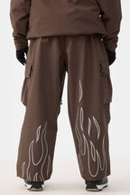 Women's Coffee Reflective Flame Baggy Snow Pants Utility Ski Pants - Gsou Snow