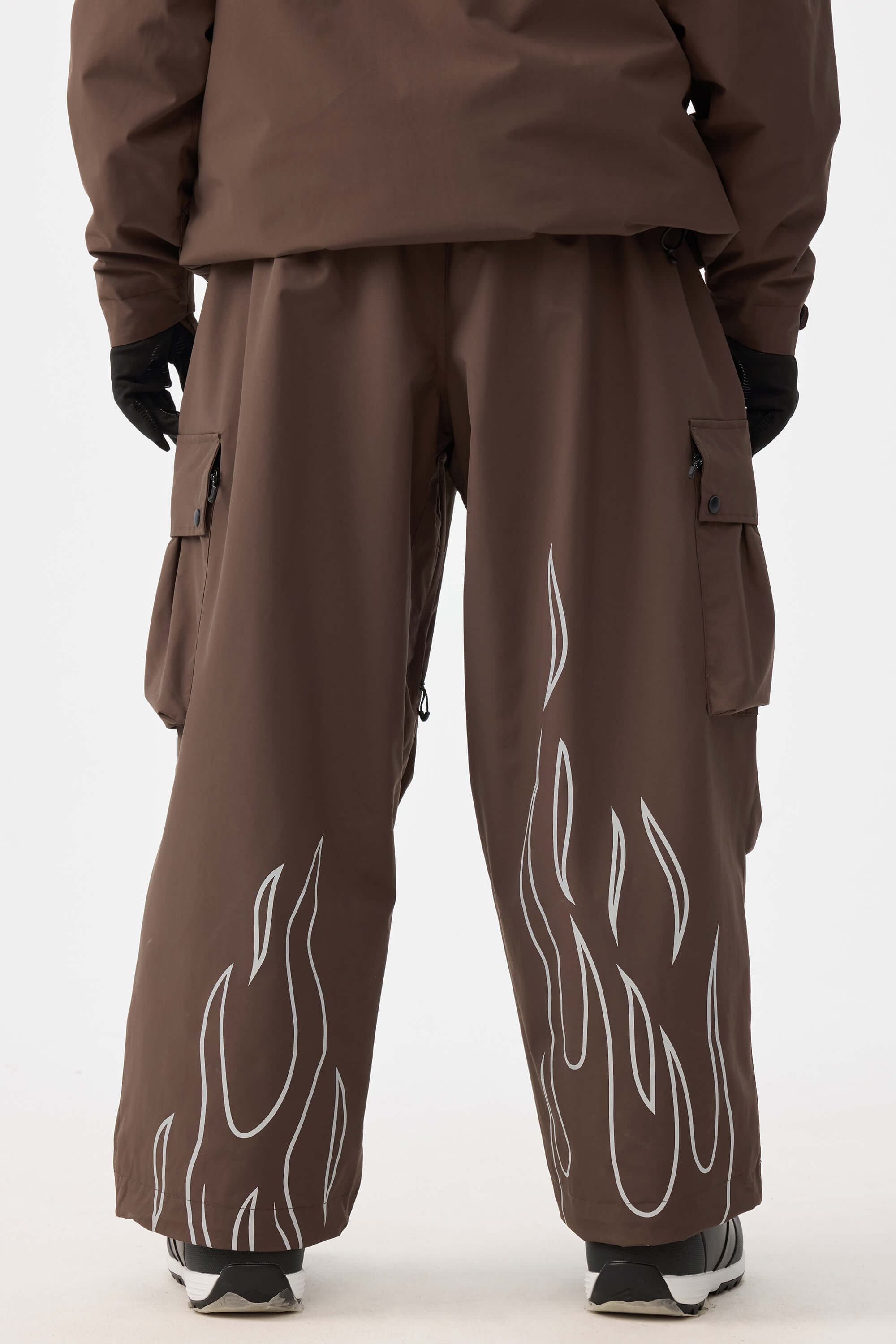 Women's Coffee Reflective Flame Baggy Snow Pants Utility Ski Pants - Gsou Snow