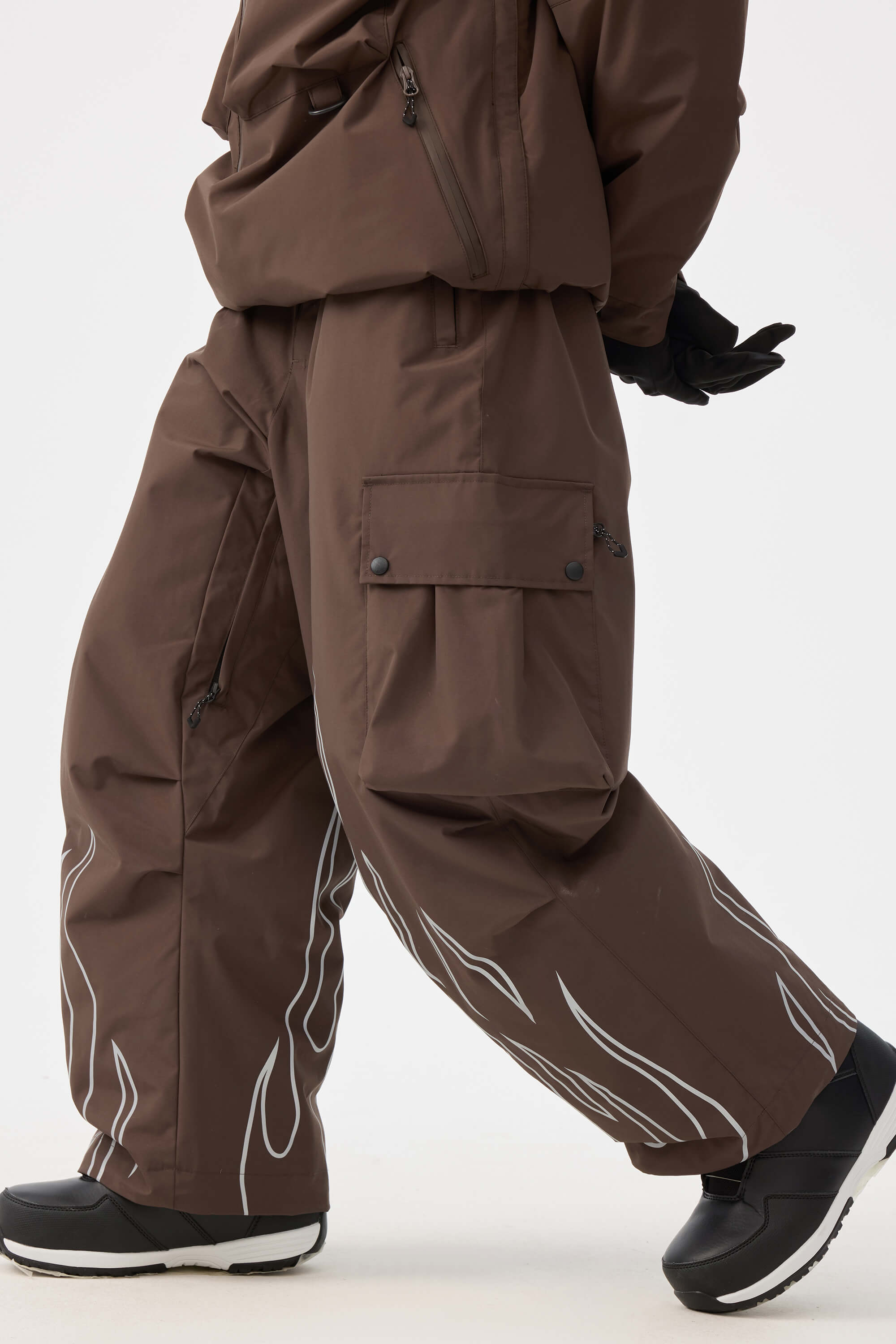 Women's Coffee Reflective Flame Baggy Snow Pants Utility Ski Pants - Gsou Snow
