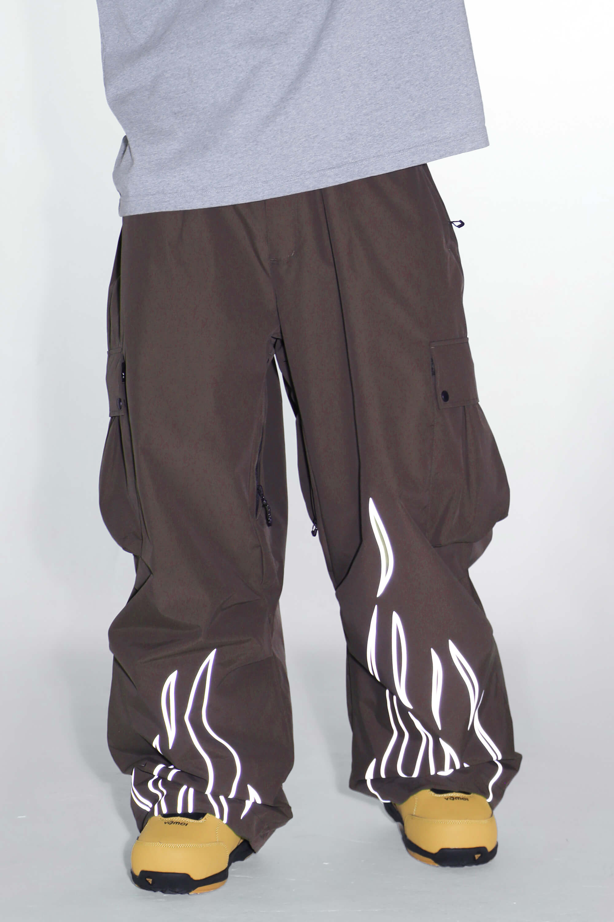 Women's Khaki Reflective Flame Baggy Snow Pants Utility Ski Pants - Gsou Snow