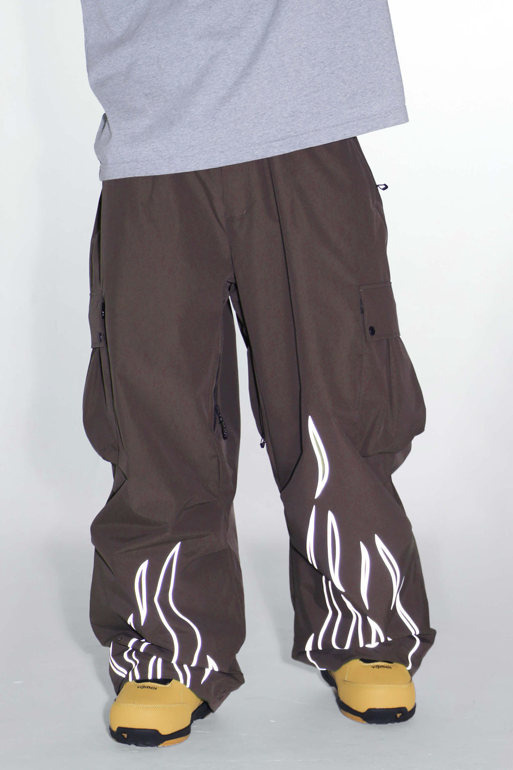 Women's Coffee Reflective Flame Ski Pants Baggy Utility Snow Pants