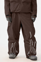 Men's Coffee Reflective Flame Ski Pants Baggy Utility Snow Pants