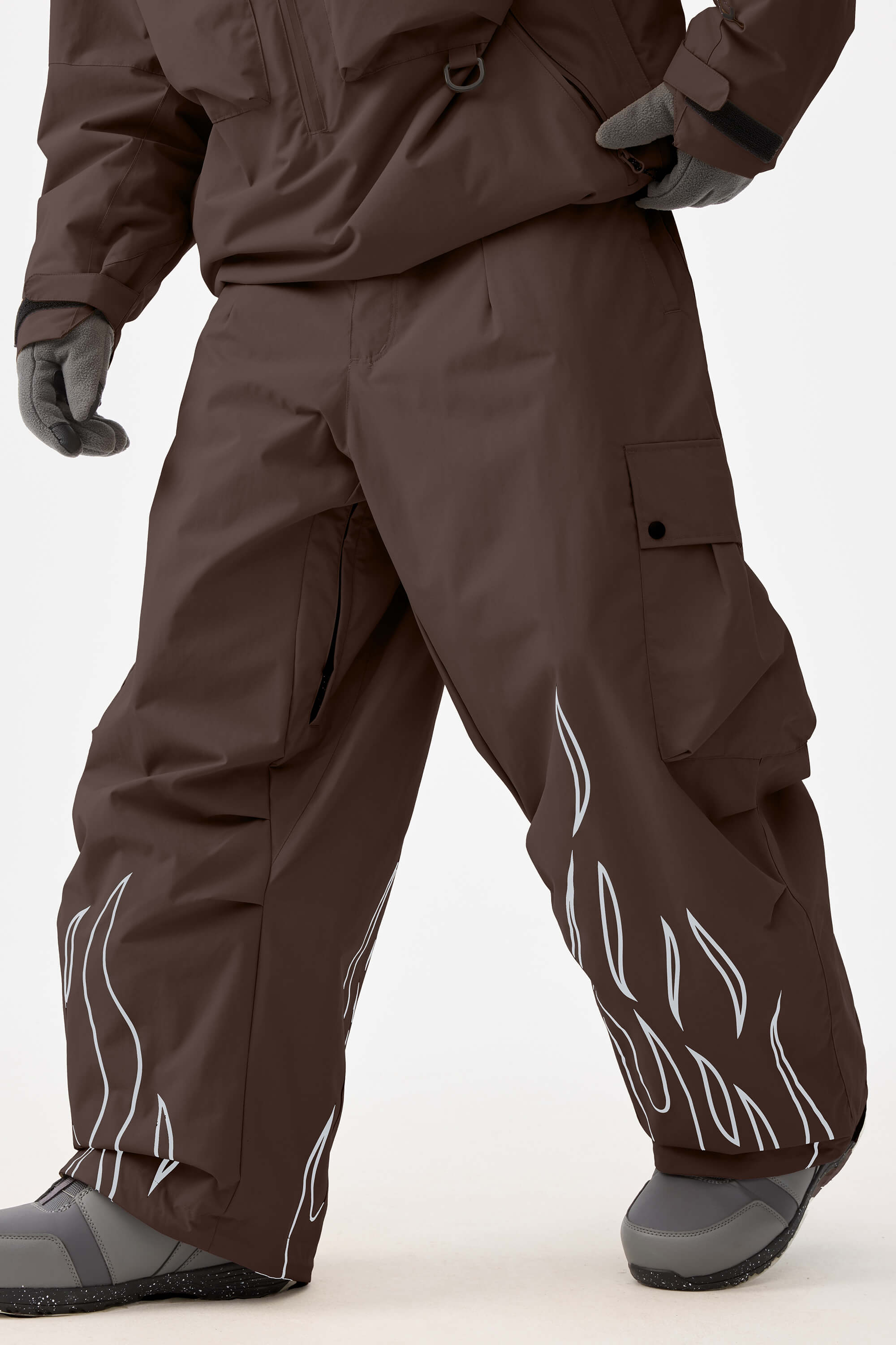 Men's Coffee Reflective Flame Baggy Snow Pants Utility Ski Pants - Gsou Snow