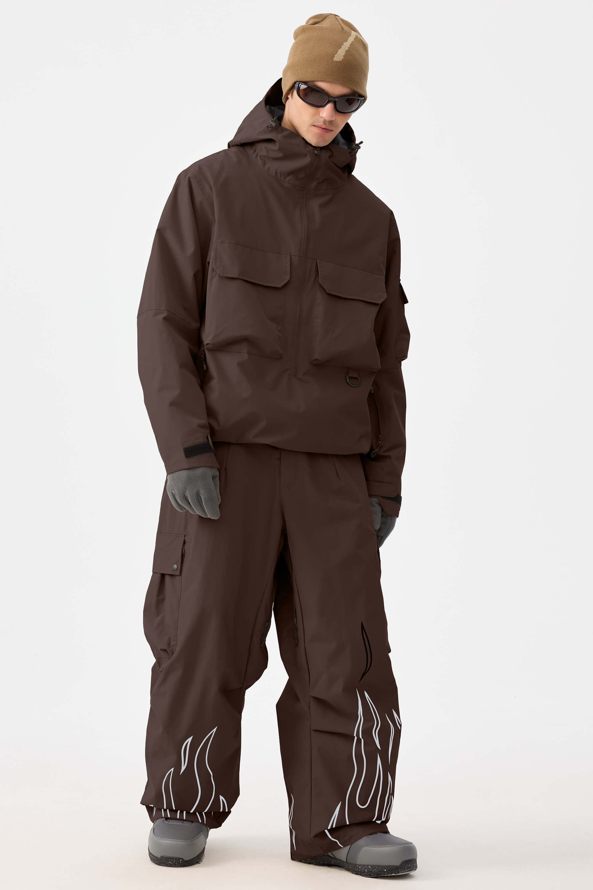 Men's Khaki Reflective Flame Baggy Snow Pants Utility Ski Pants - Gsou Snow