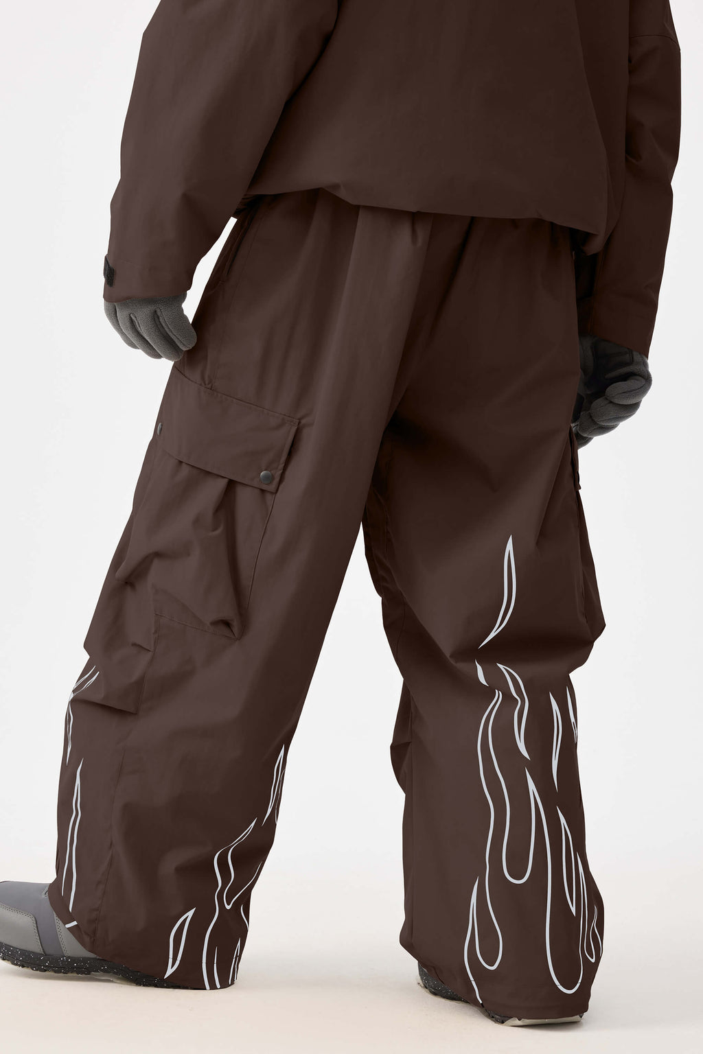 Men's Coffee Reflective Flame Baggy Snow Pants Utility Ski Pants - Gsou Snow