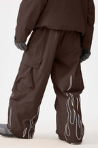 Men's Coffee Reflective Flame Baggy Snow Pants Utility Ski Pants - Gsou Snow