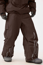 Men's Coffee Reflective Flame Baggy Snow Pants Utility Ski Pants - Gsou Snow