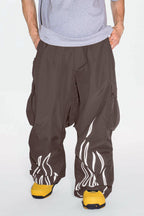 Men's Coffee Reflective Flame Ski Pants Baggy Utility Snow Pants