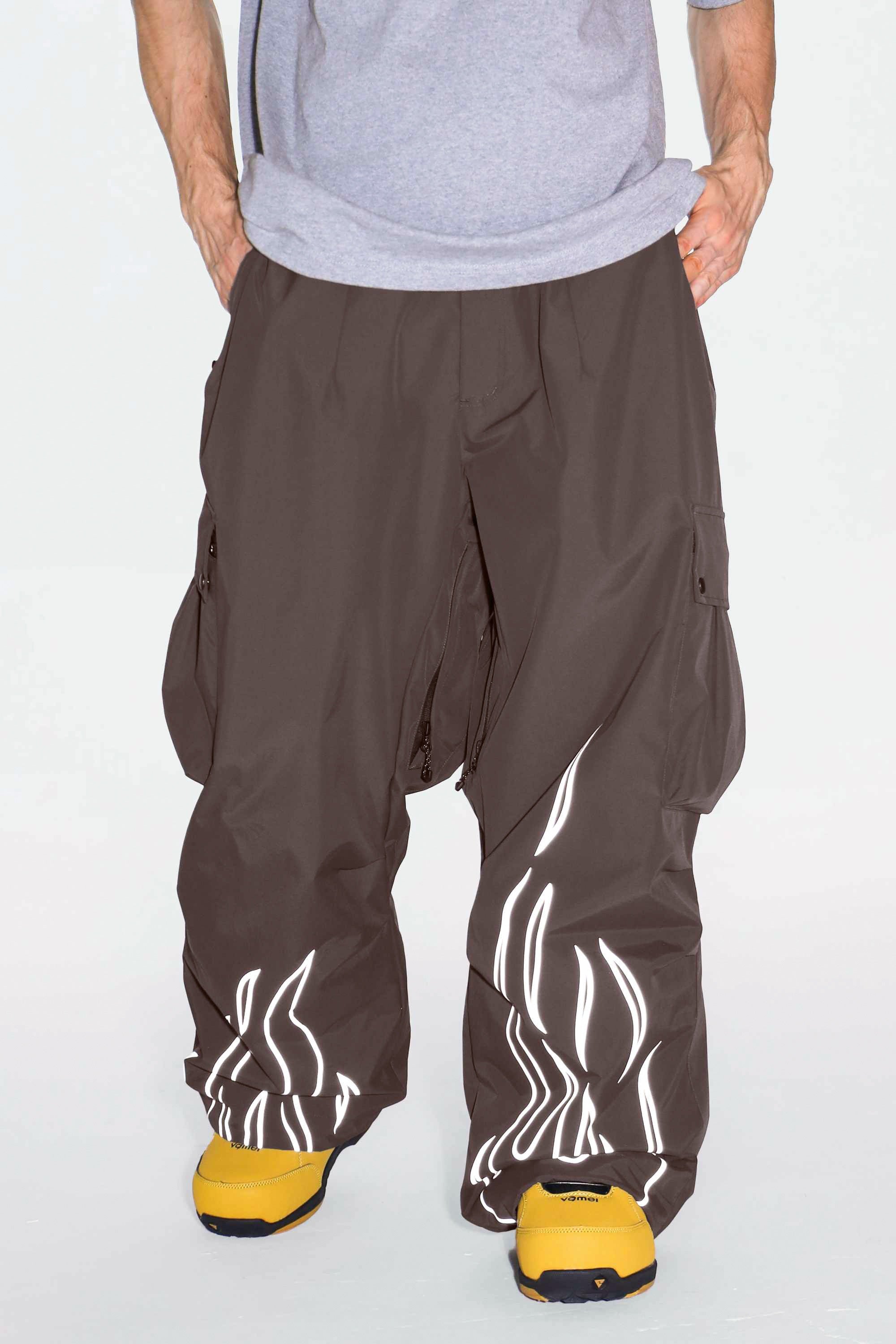 Men's Off White Reflective Flame Snow Pants Baggy Utility Ski Pants - Gsou Snow