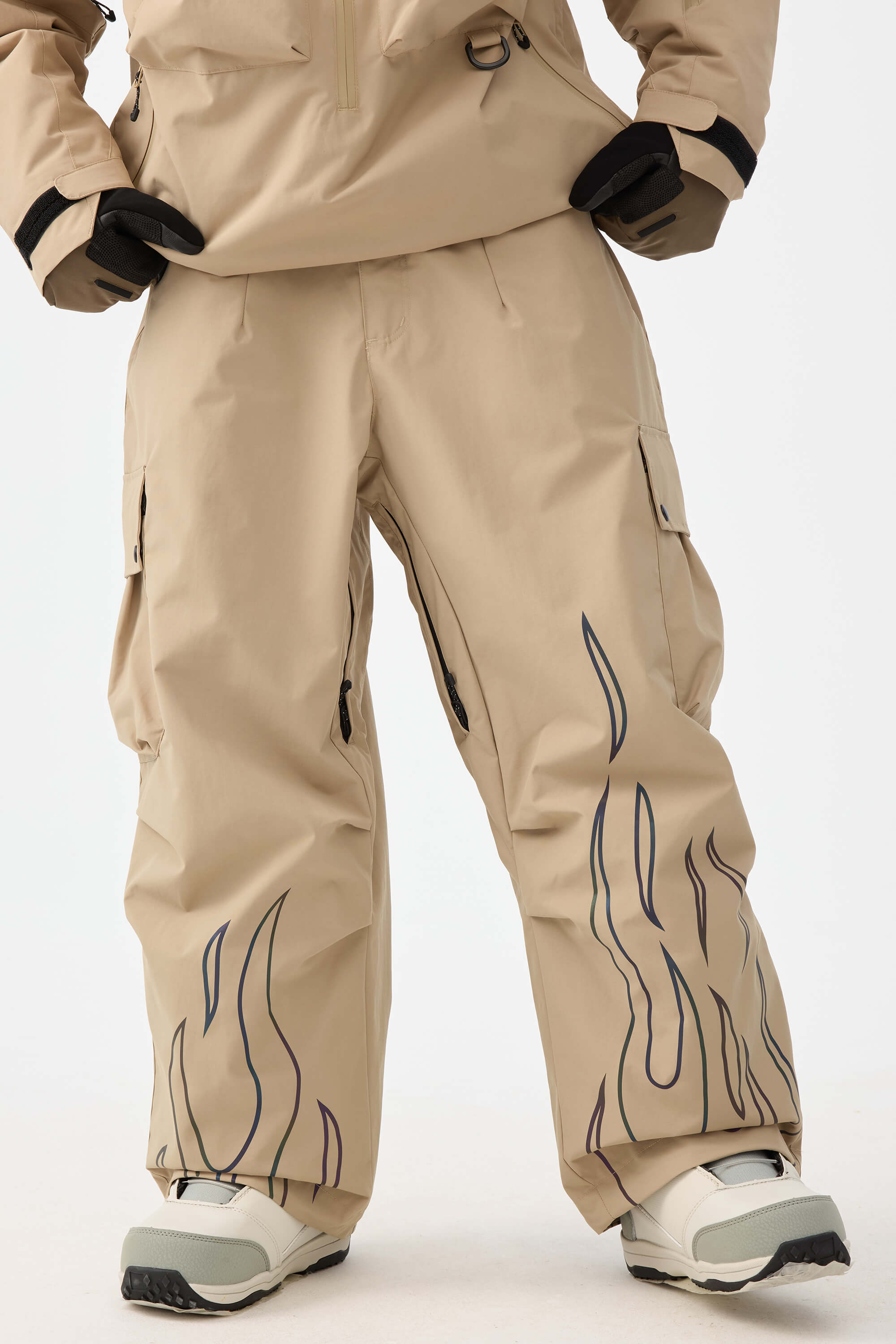 Women's Coffee Reflective Flame Ski Pants Baggy Utility Snow Pants