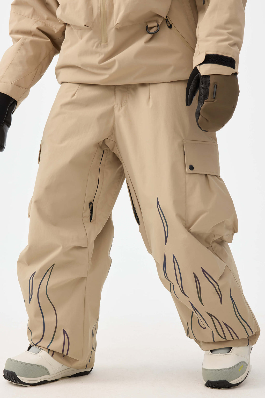 Women's Khaki Reflective Flame Baggy Snow Pants Utility Ski Pants - Gsou Snow