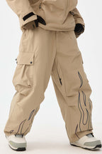 Women's Khaki Reflective Flame Baggy Snow Pants Utility Ski Pants - Gsou Snow