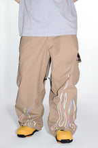 Women's Black Reflective Flame Ski Pants Baggy Utility Snow Pants