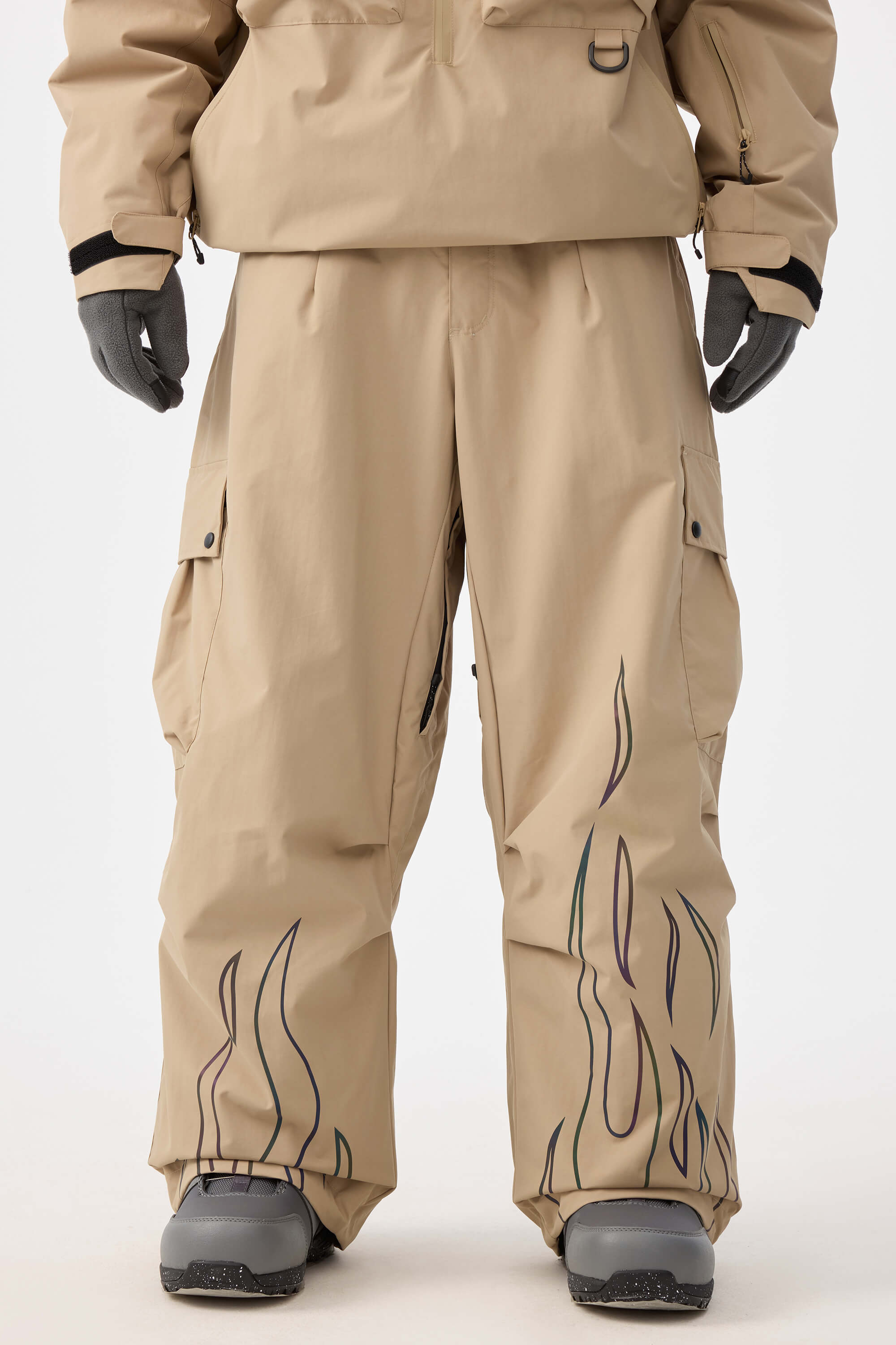 Men's Coffee Reflective Flame Ski Pants Baggy Utility Snow Pants