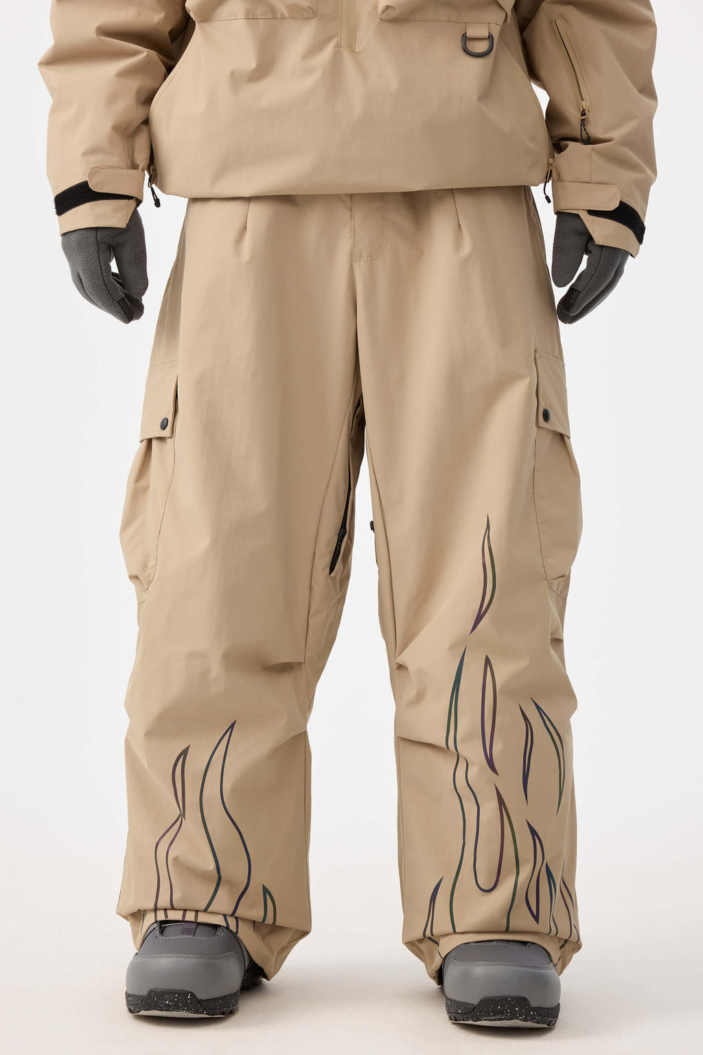 Men's Off White Reflective Flame Snow Pants Baggy Utility Ski Pants - Gsou Snow