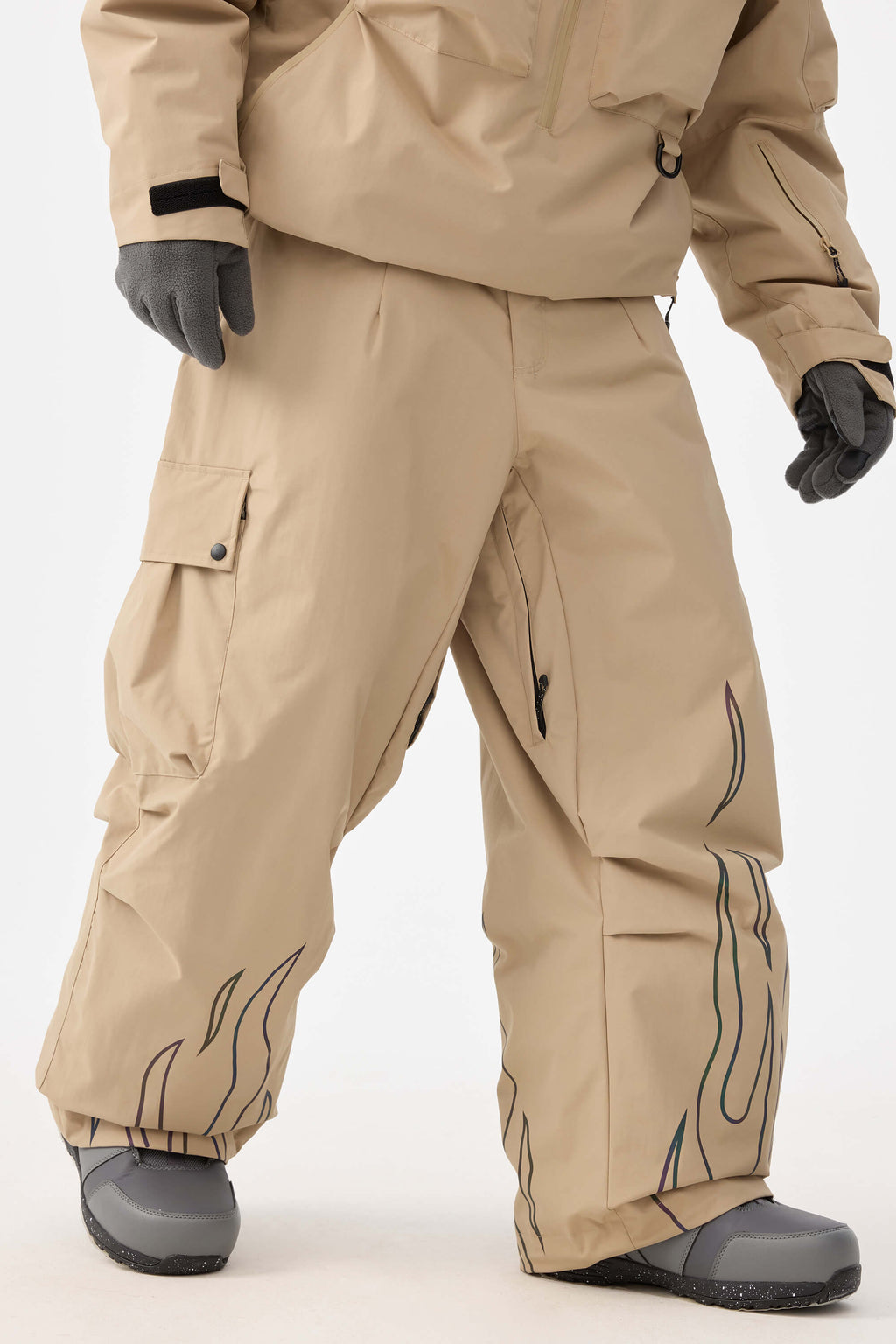 Men's Khaki Reflective Flame Baggy Snow Pants Utility Ski Pants - Gsou Snow