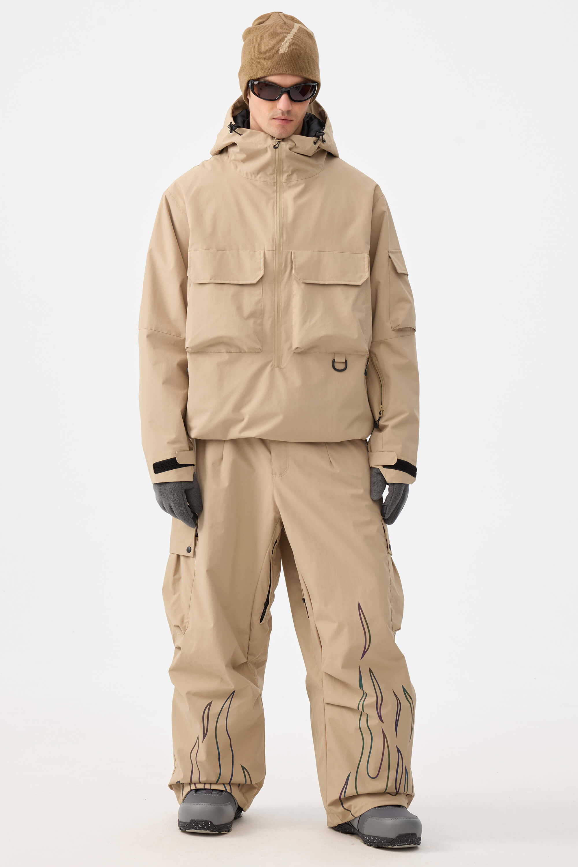 Men's Off White Reflective Flame Snow Pants Baggy Utility Ski Pants - Gsou Snow