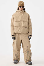 Men's Coffee Reflective Flame Ski Pants Baggy Utility Snow Pants