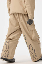 Men's Khaki Reflective Flame Baggy Snow Pants Utility Ski Pants - Gsou Snow