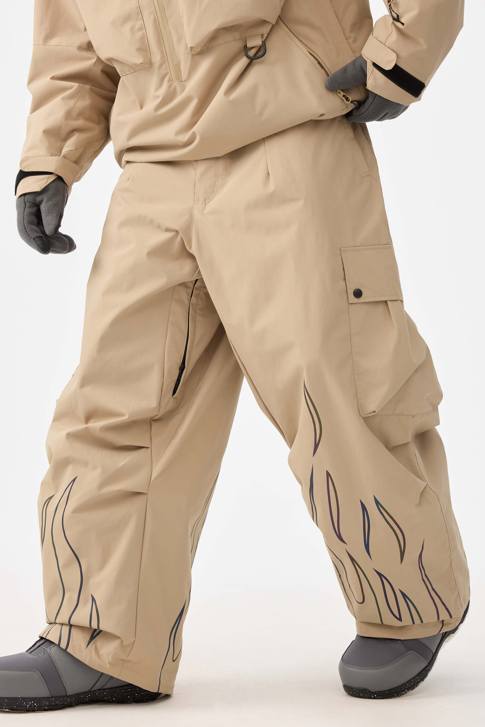 Men's Khaki Reflective Flame Baggy Snow Pants Utility Ski Pants - Gsou Snow