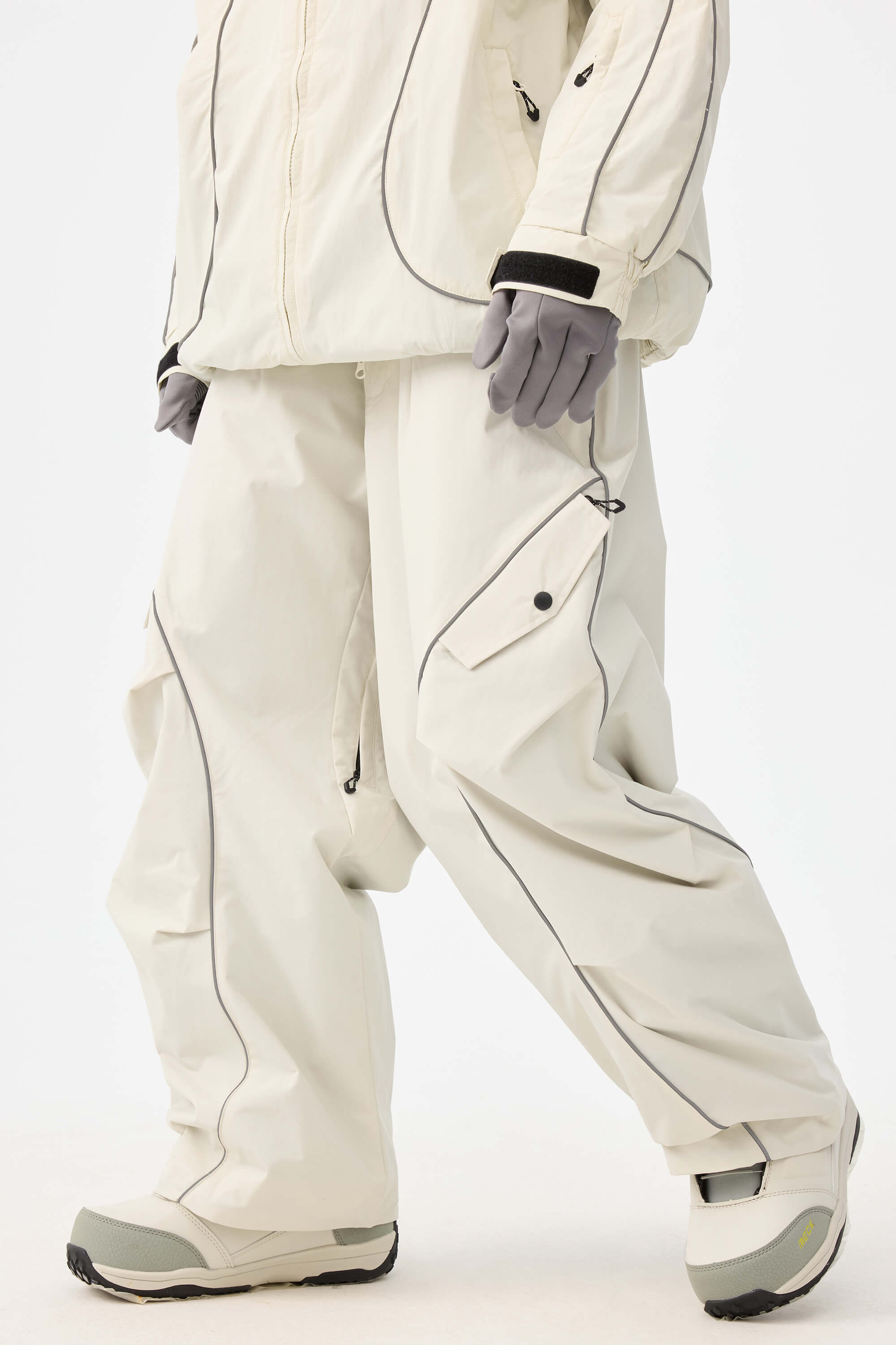 Women's Off White Retro Track Reflective Piping Snow Pants Baggy Ski Pants - Gsou Snow