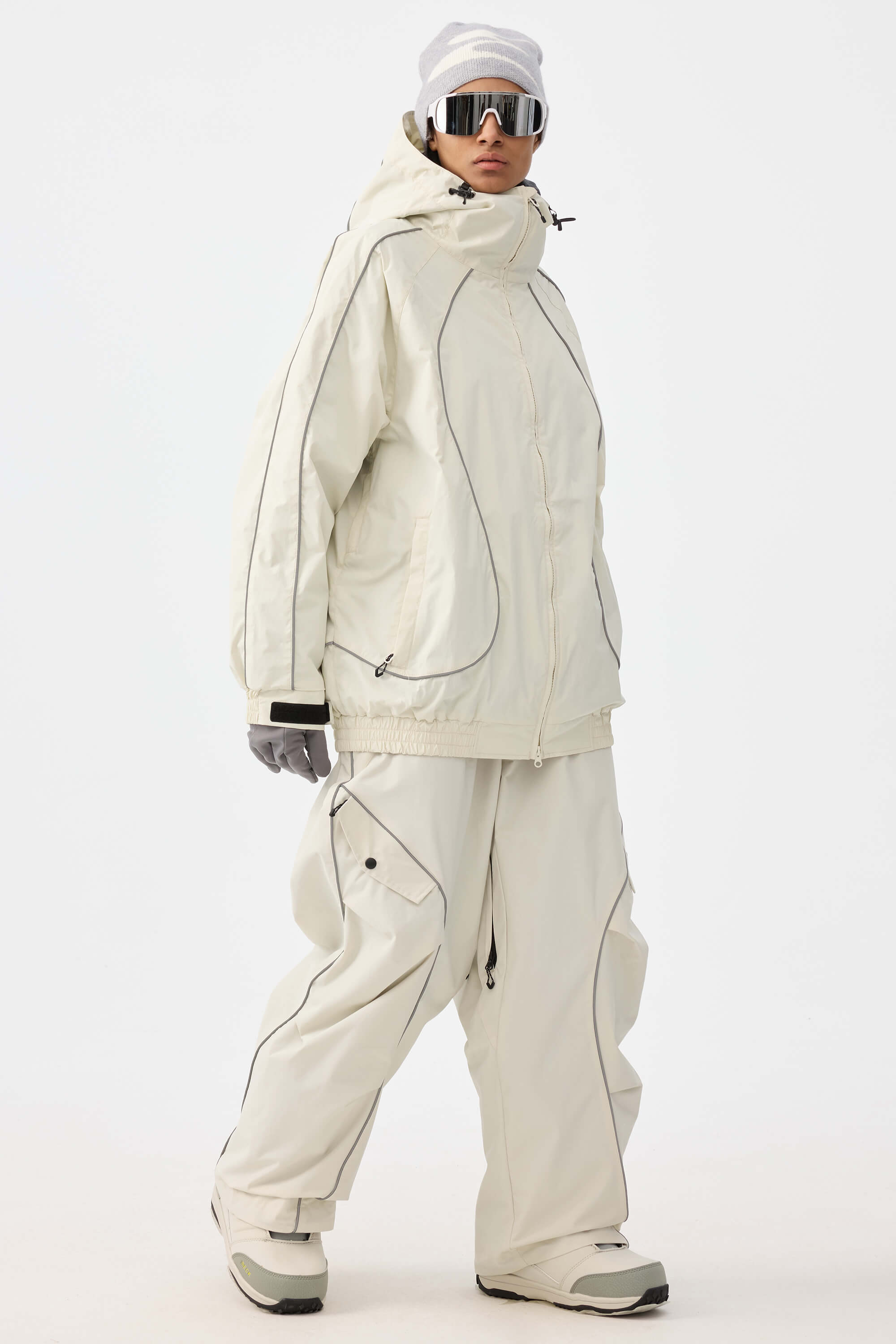 Women's Coffee Retro Track Ski Pants Reflective Piping Baggy Snow Pants