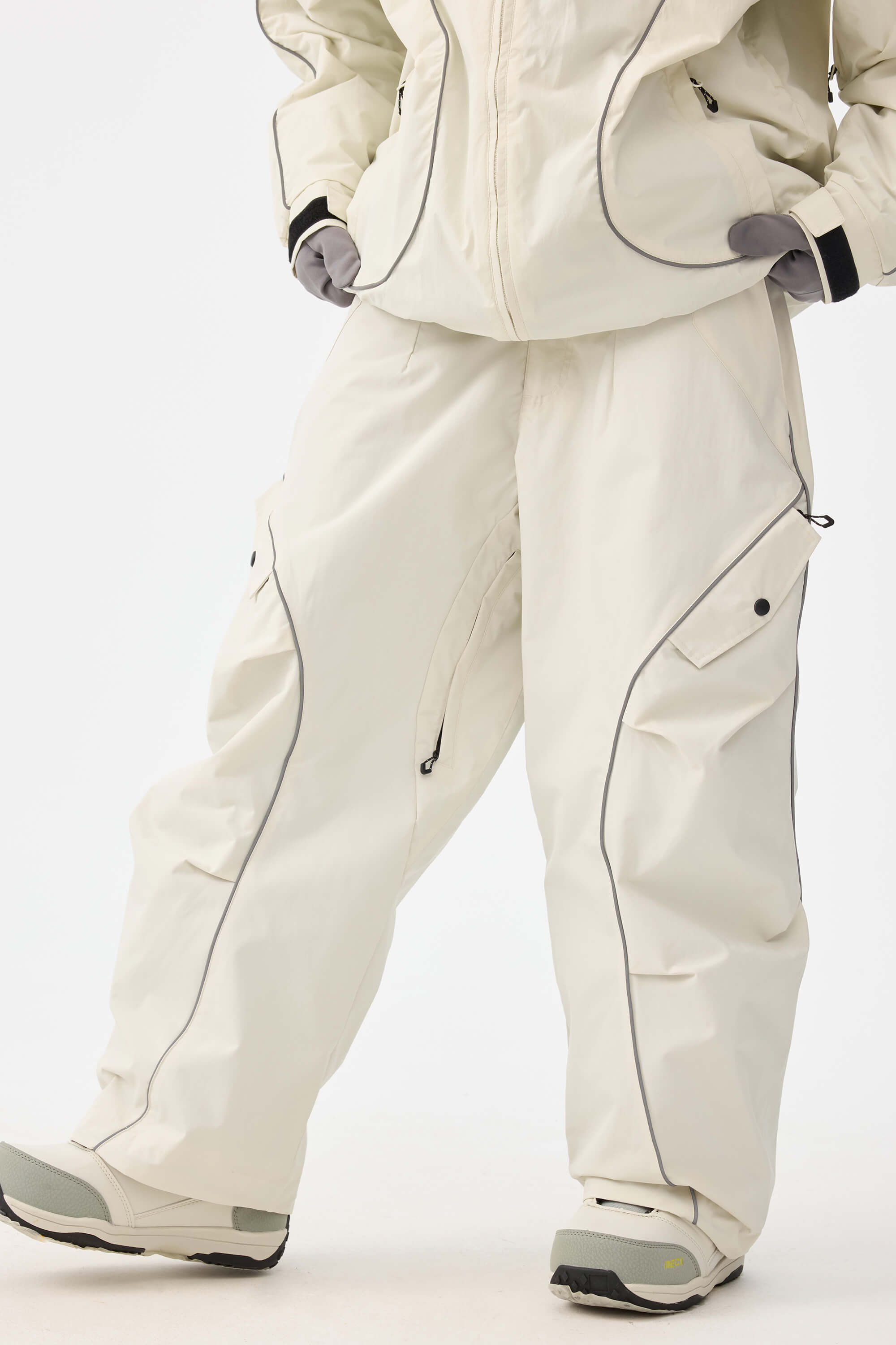 Women's Off White Retro Track Reflective Piping Snow Pants Baggy Ski Pants - Gsou Snow