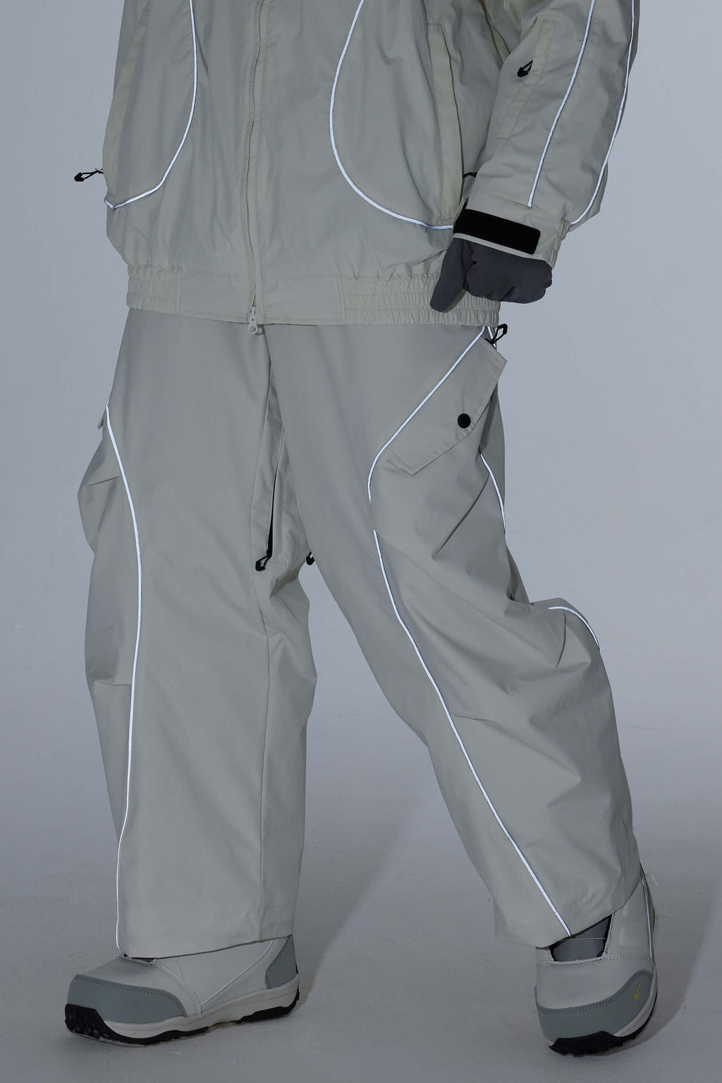 Women's Khaki Retro Track Ski Pants Reflective Piping Baggy Snow Pants